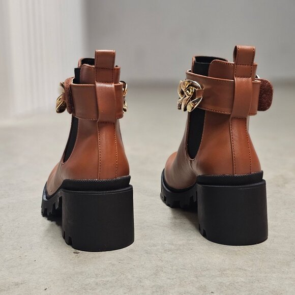 Chunky Heel Tan Ankle Boots With Gold Chain Detail Pull Tabs & Elastic Panels Fo - Picture 4 of 6